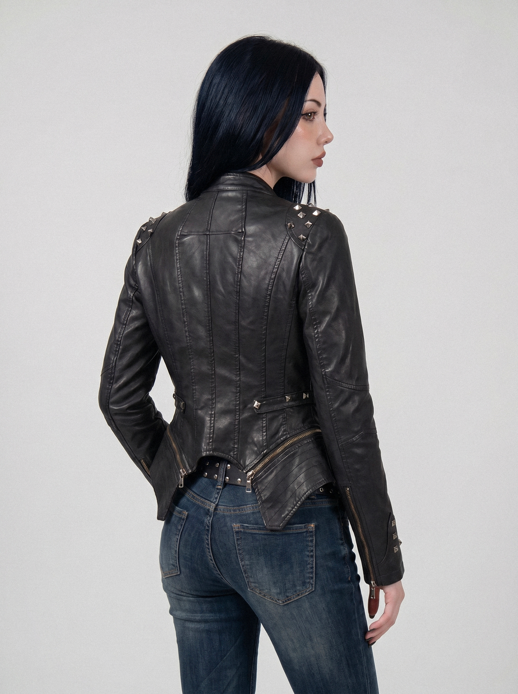 Pyramid Stud Asymmetric Moto Jacket - back view