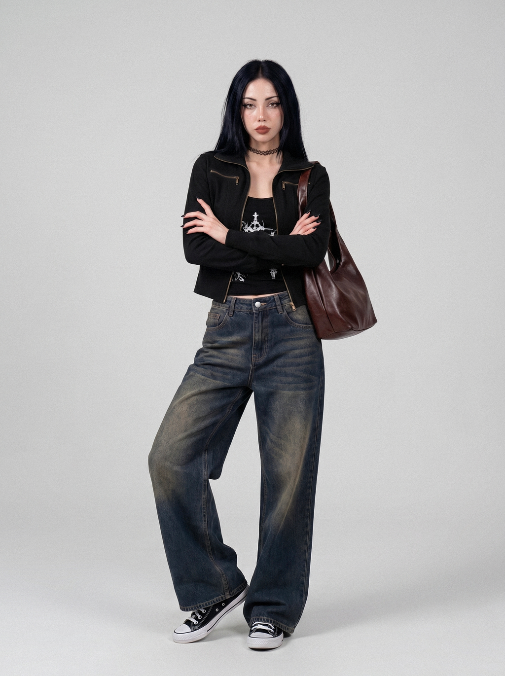 Funnel Neck Cropped Bomber Jacket - lifestyle view