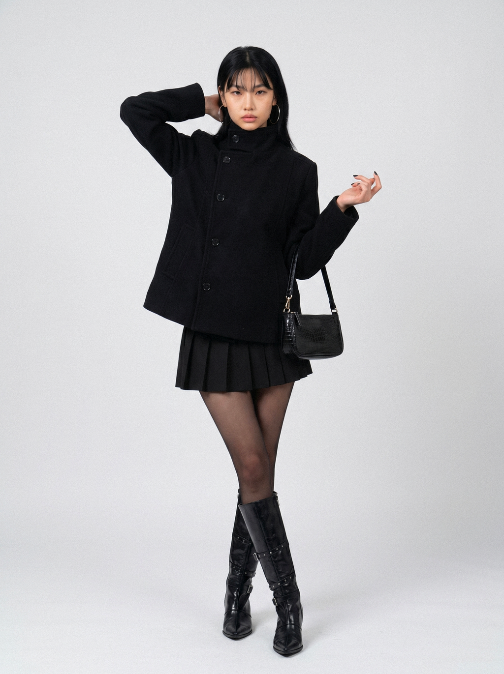 Asymmetric Stand Collar Wool Coat - side view