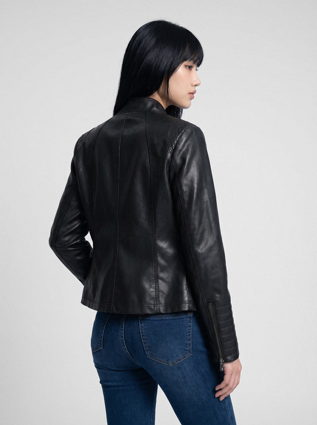 Quilted Shoulder Slim Moto Jacket - back view