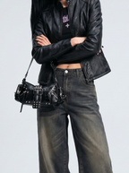 Studded Croc Moto Baguette Bag - front view
