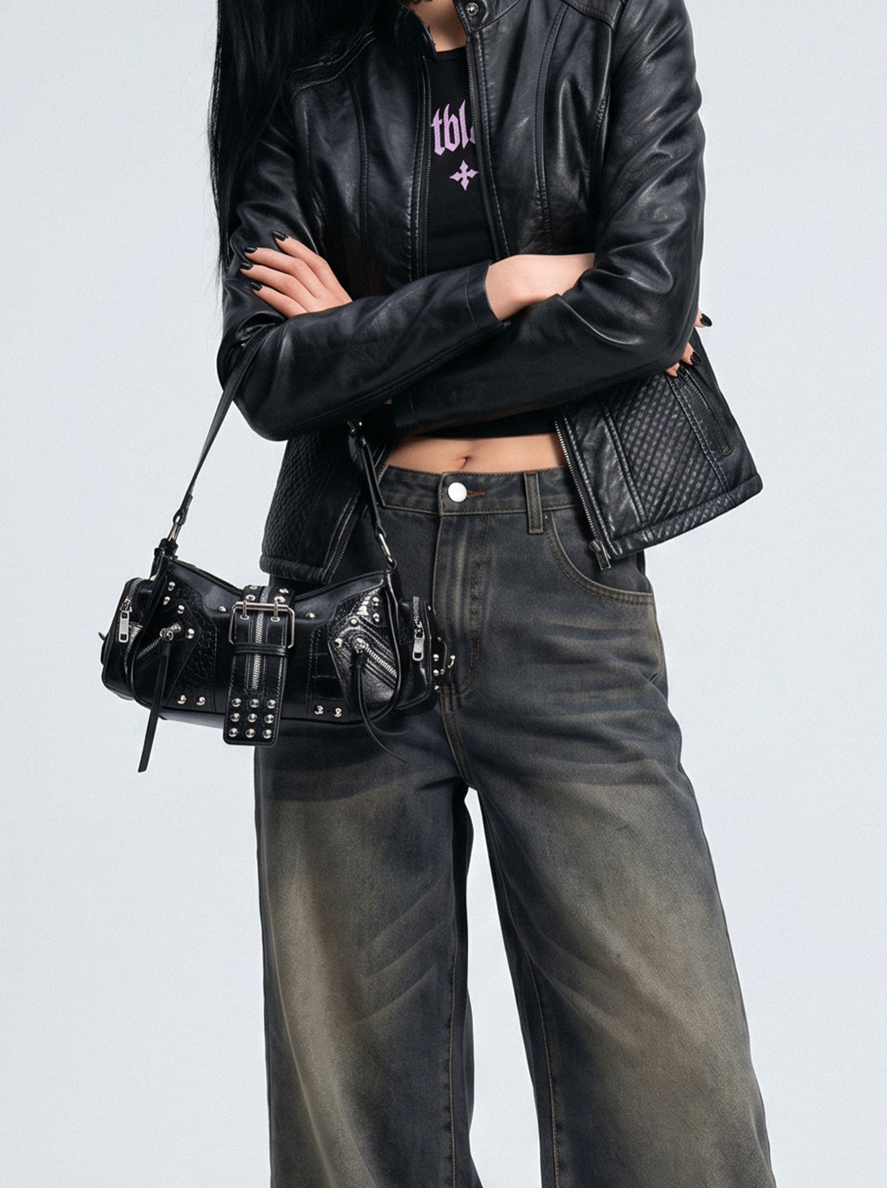 Studded Croc Moto Baguette Bag - front view