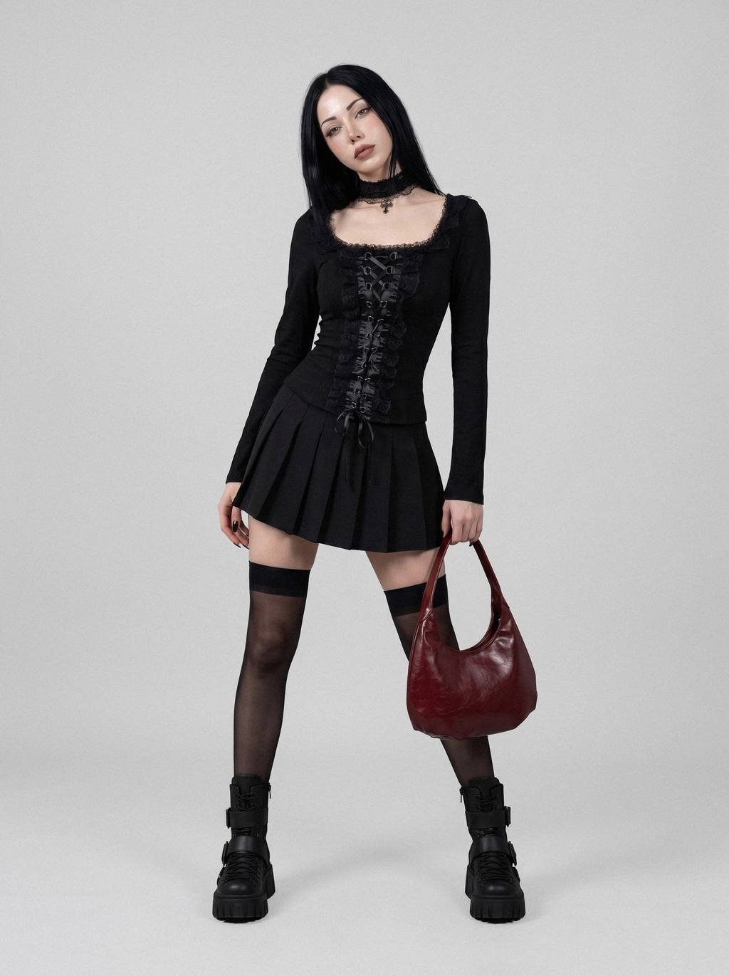 LACE-UP RUFFLE TRIM TOP