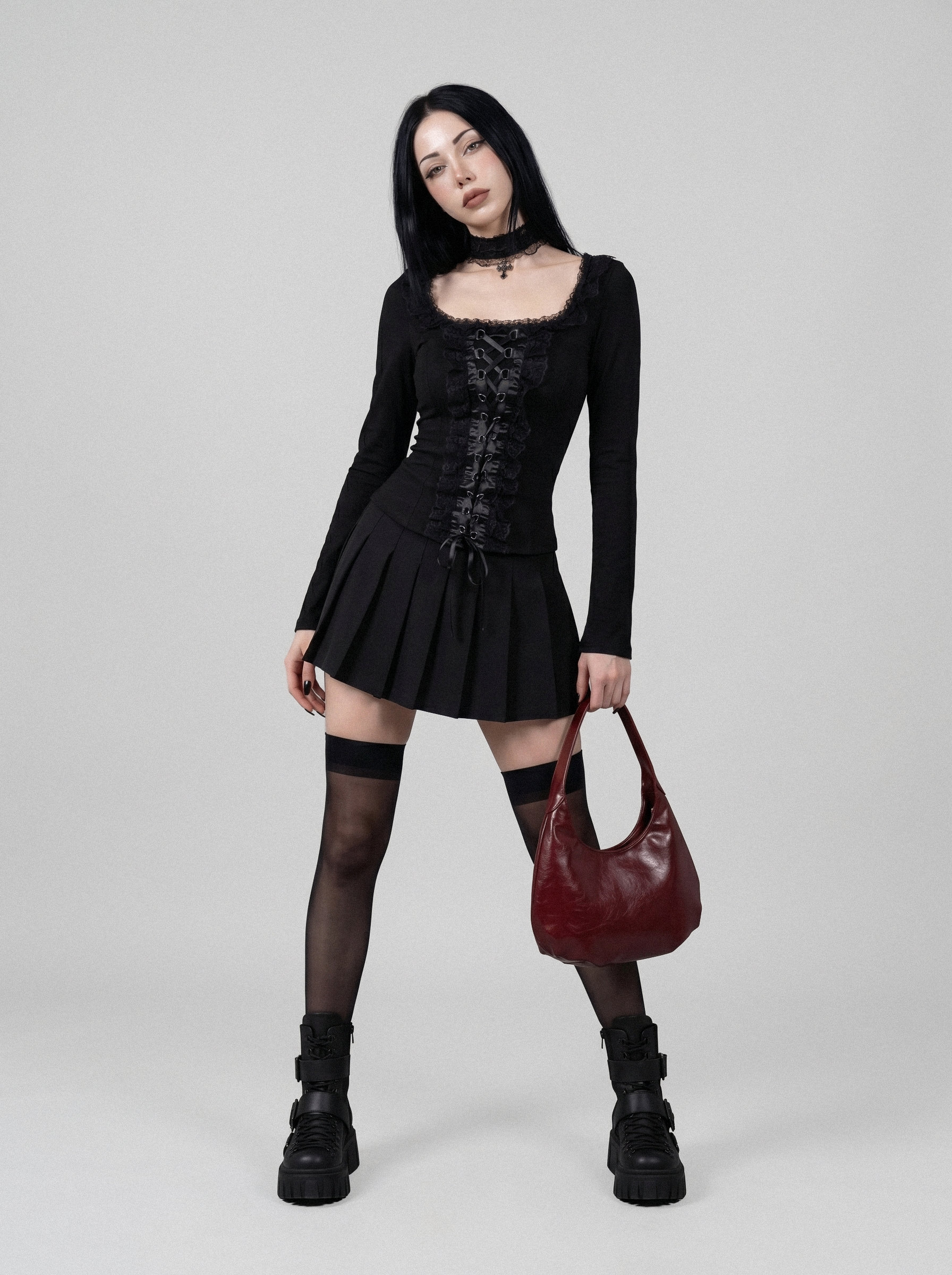 LACE-UP RUFFLE TRIM TOP