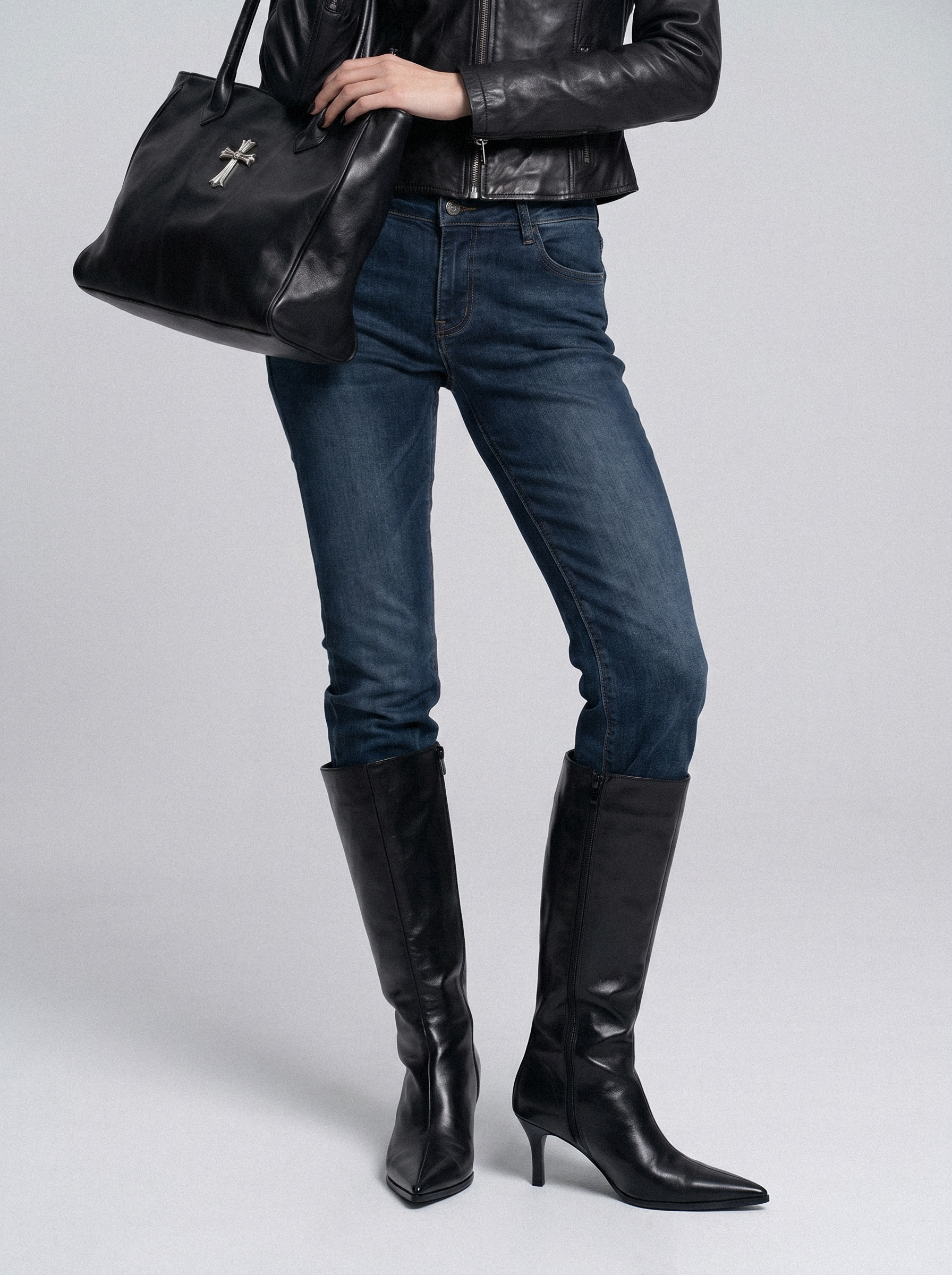 Pointed Toe Kitten Heel Tall Boots - detail view