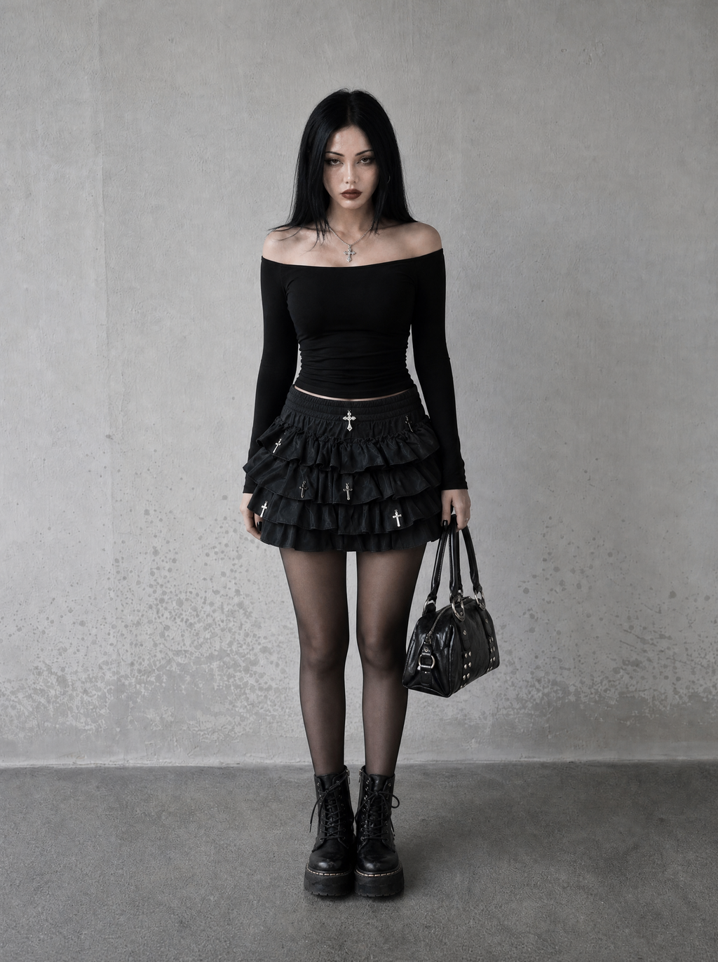CROSS CHARM TIERED MINI SKIRT
