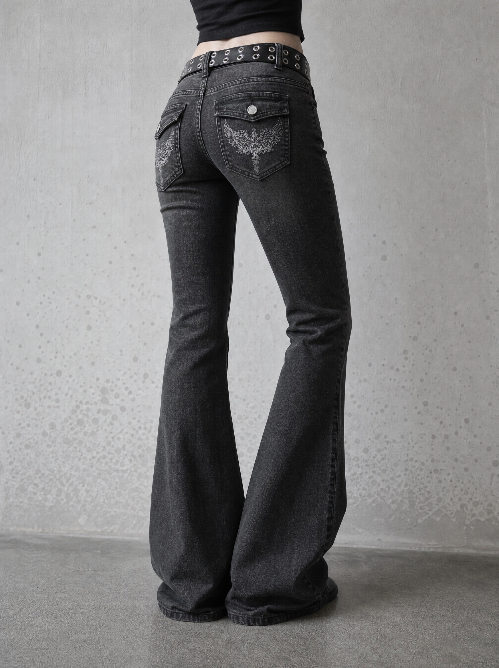 Crystal Cross Low-Rise Flare Jeans — view 3 | Soft Blades