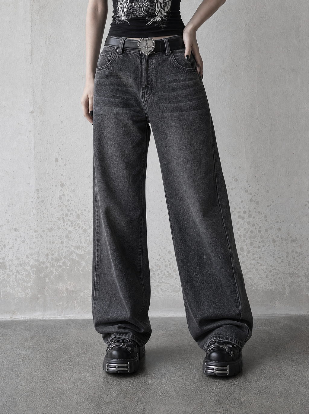 Charcoal Wash Baggy Jeans — view 2 | Soft Blades