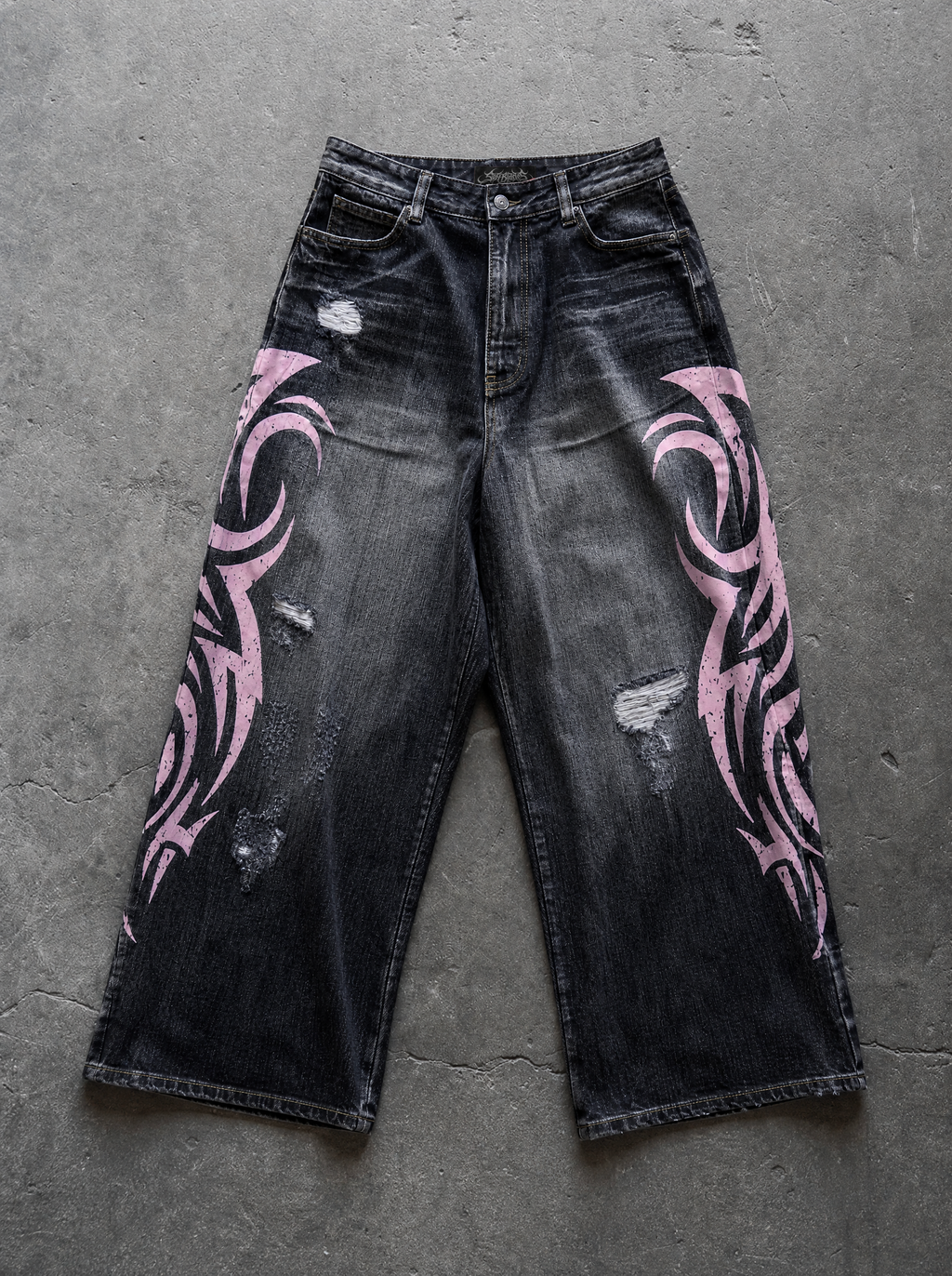 Pink Tribal Baggy Jeans — view 4 | Soft Blades