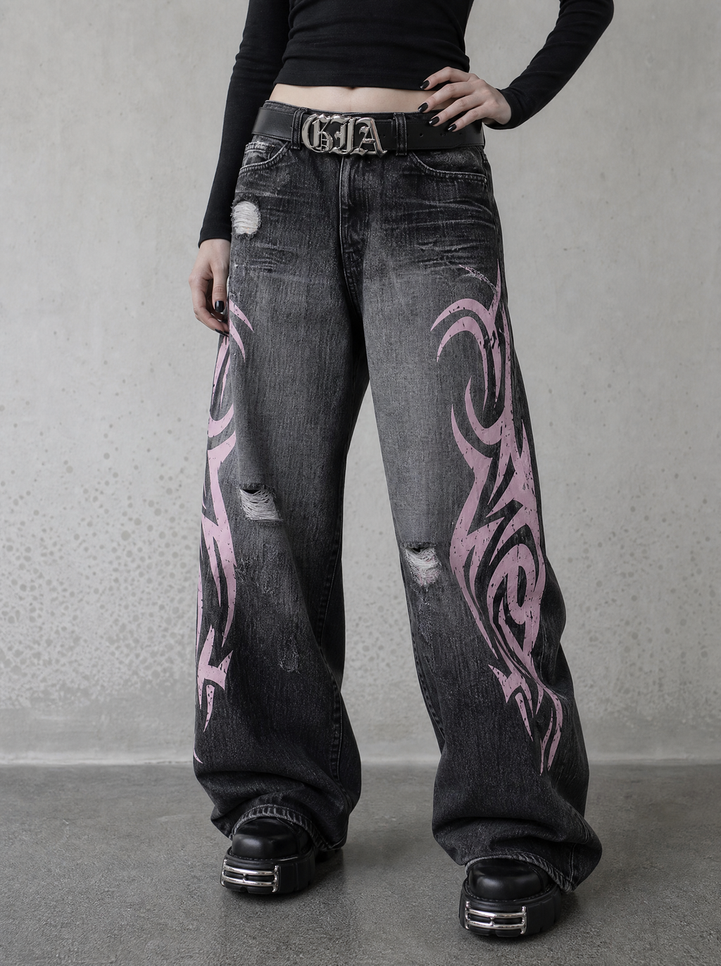 Pink Tribal Baggy Jeans — view 2 | Soft Blades