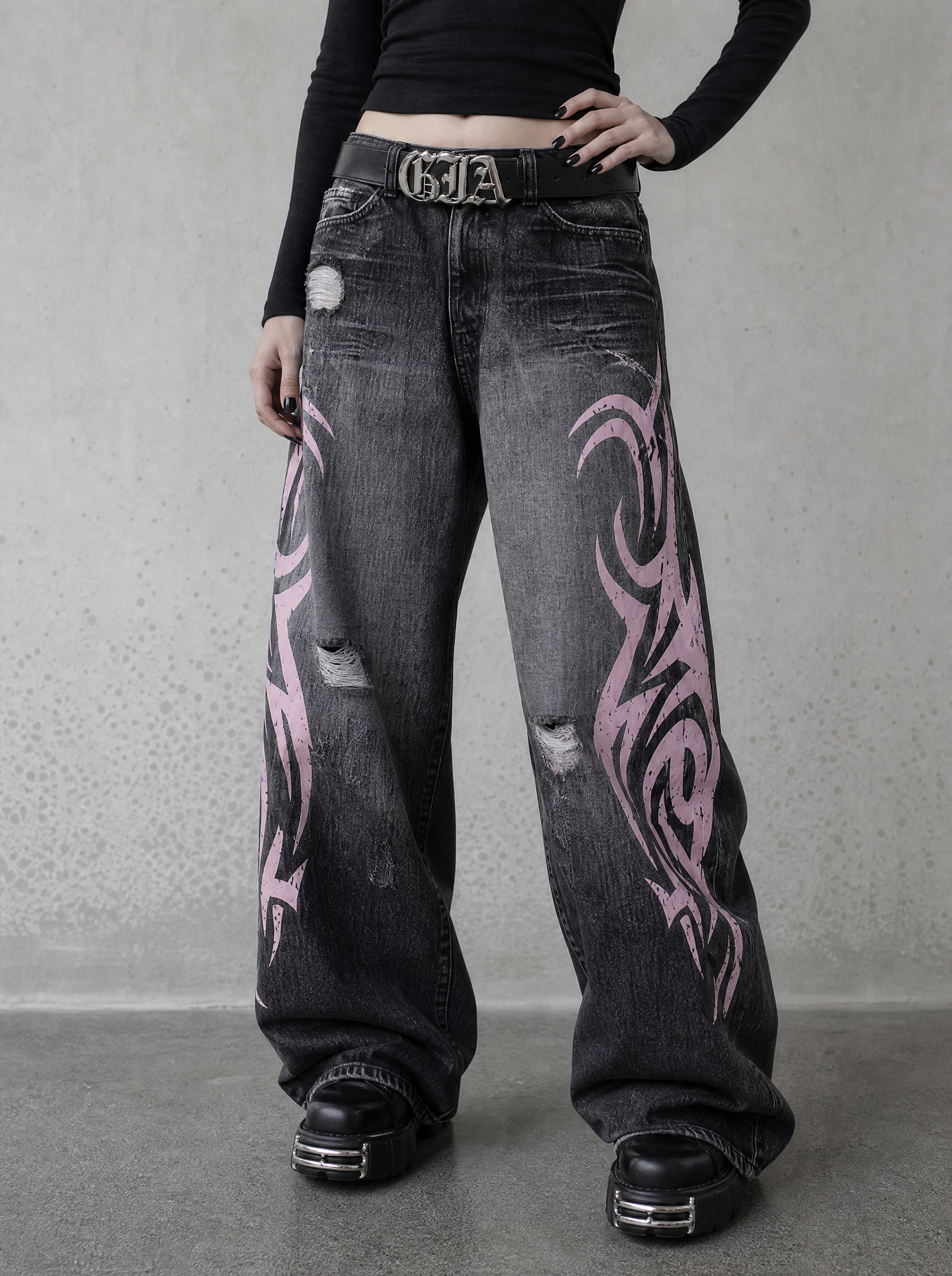 Pink Tribal Baggy Jeans — view 2 | Soft Blades