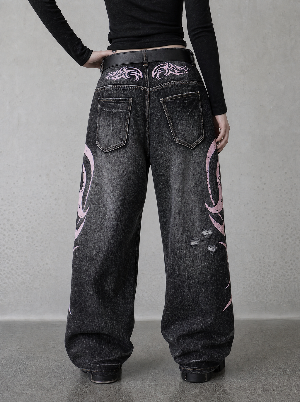 Pink Tribal Baggy Jeans — view 3 | Soft Blades