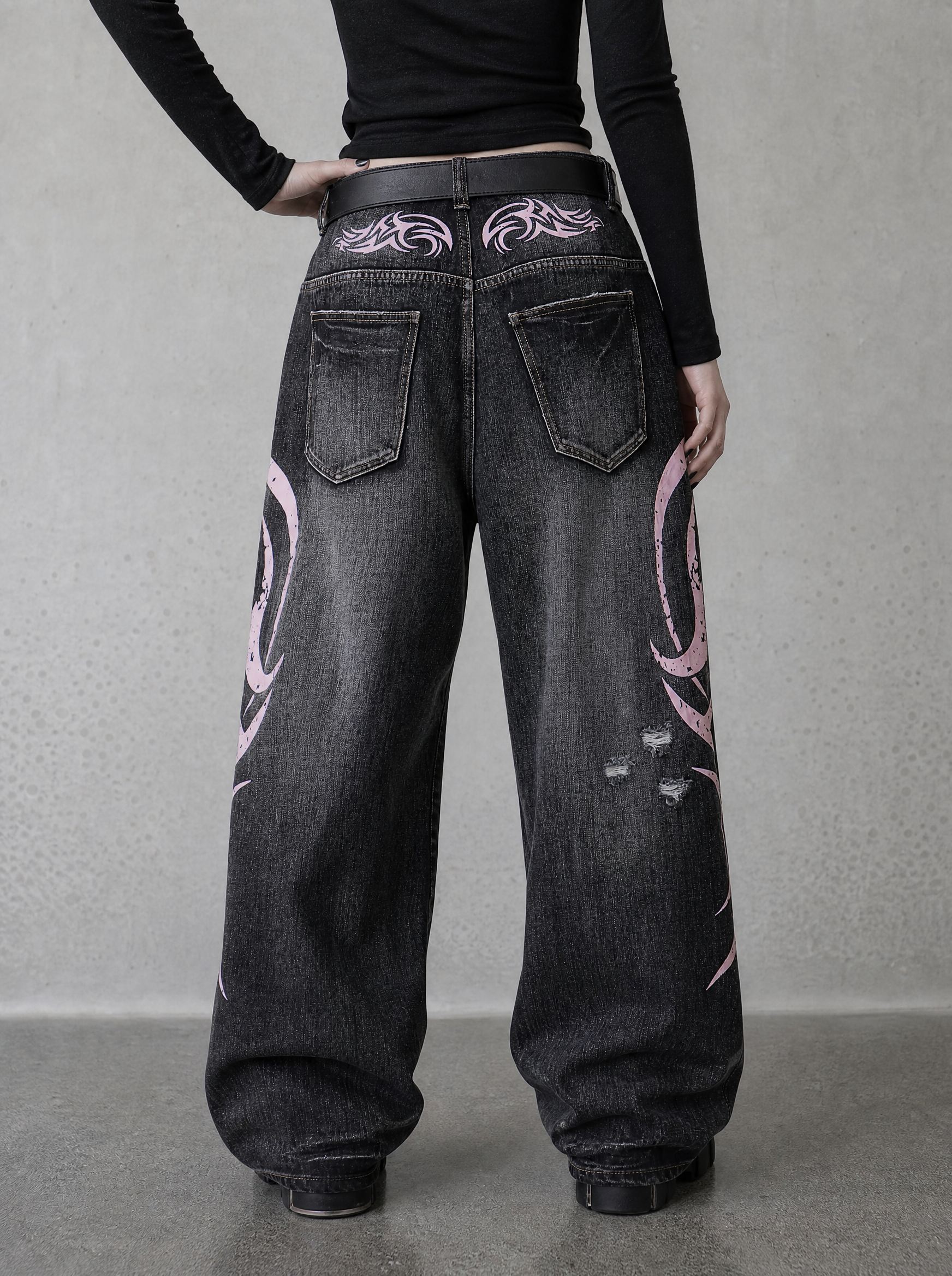 Pink Tribal Baggy Jeans — view 3 | Soft Blades