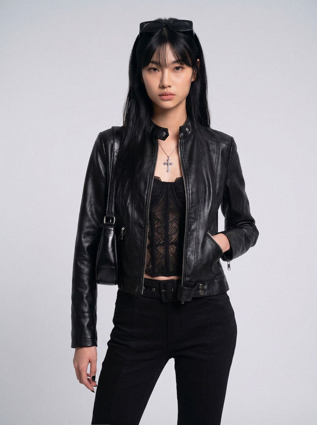 Belted Hem Slim Moto Jacket - front view