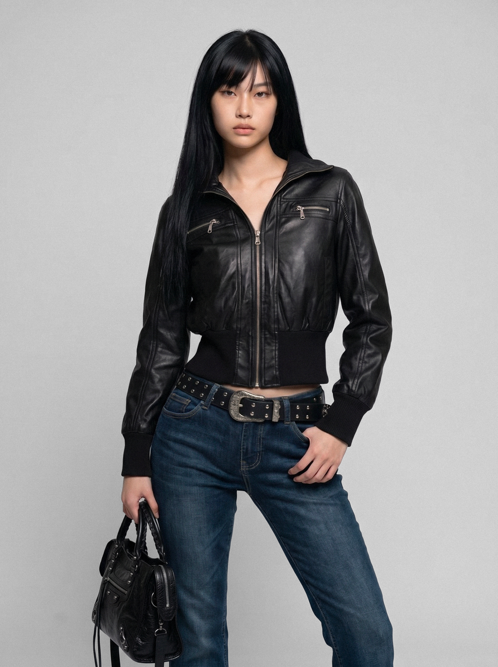 Cropped Bomber Faux Leather Jacket - front view
