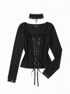 LACE-UP RUFFLE TRIM TOP