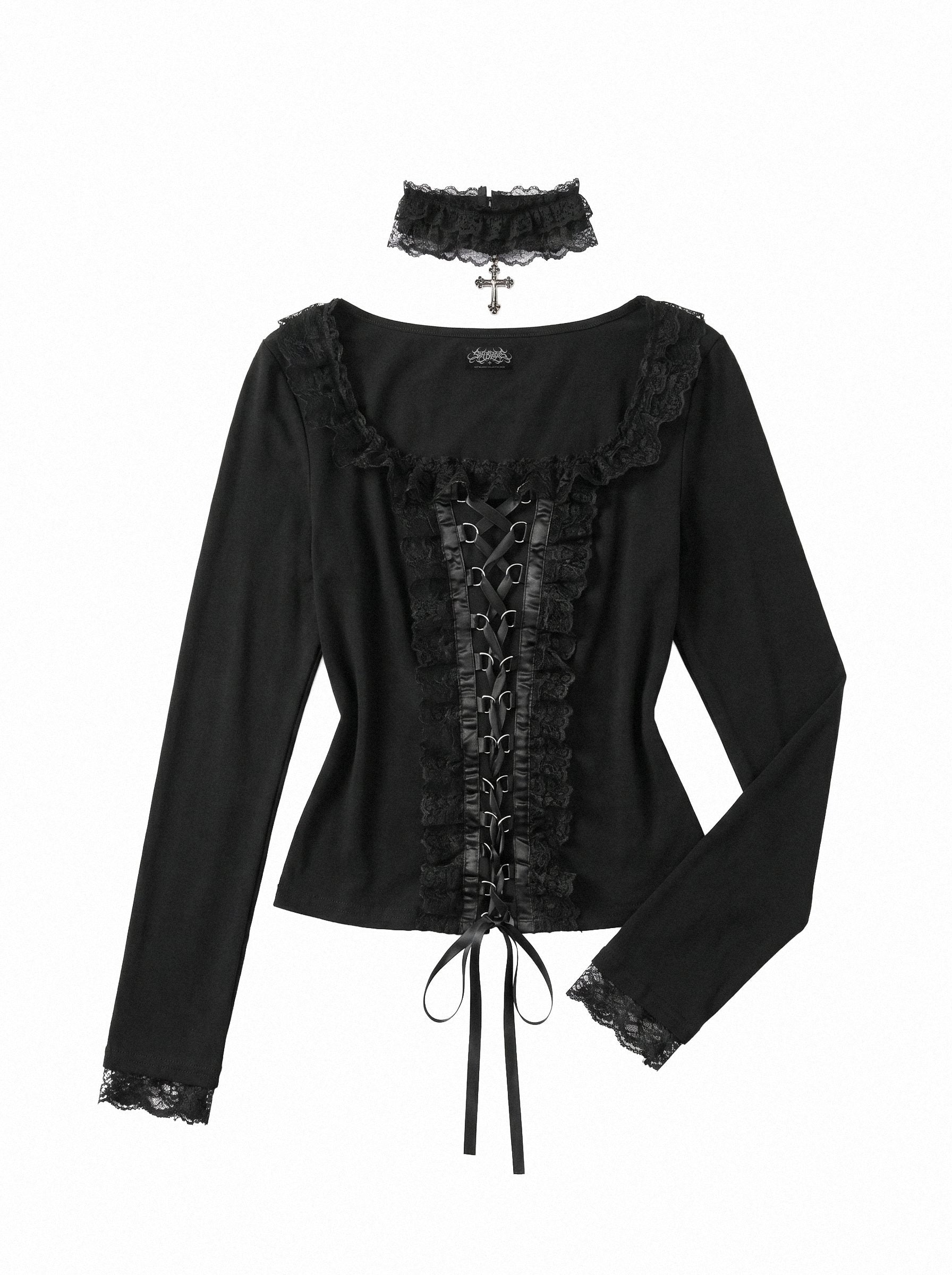 LACE-UP RUFFLE TRIM TOP