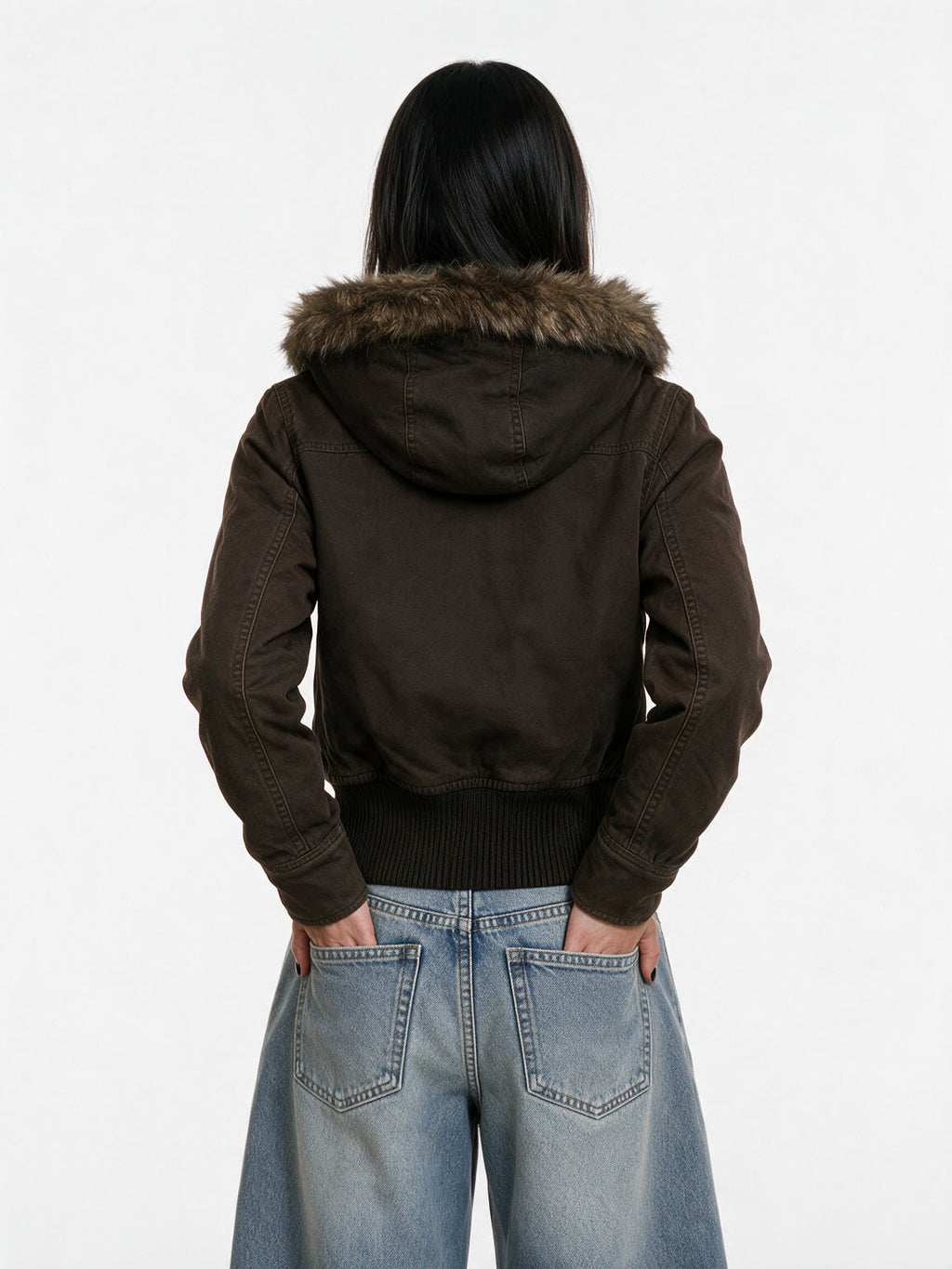 Brown cropped aviator jacket with a faux fur hood