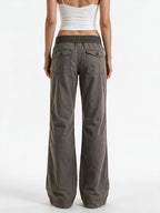 Washed taupe low rise trousers with a lace up waist