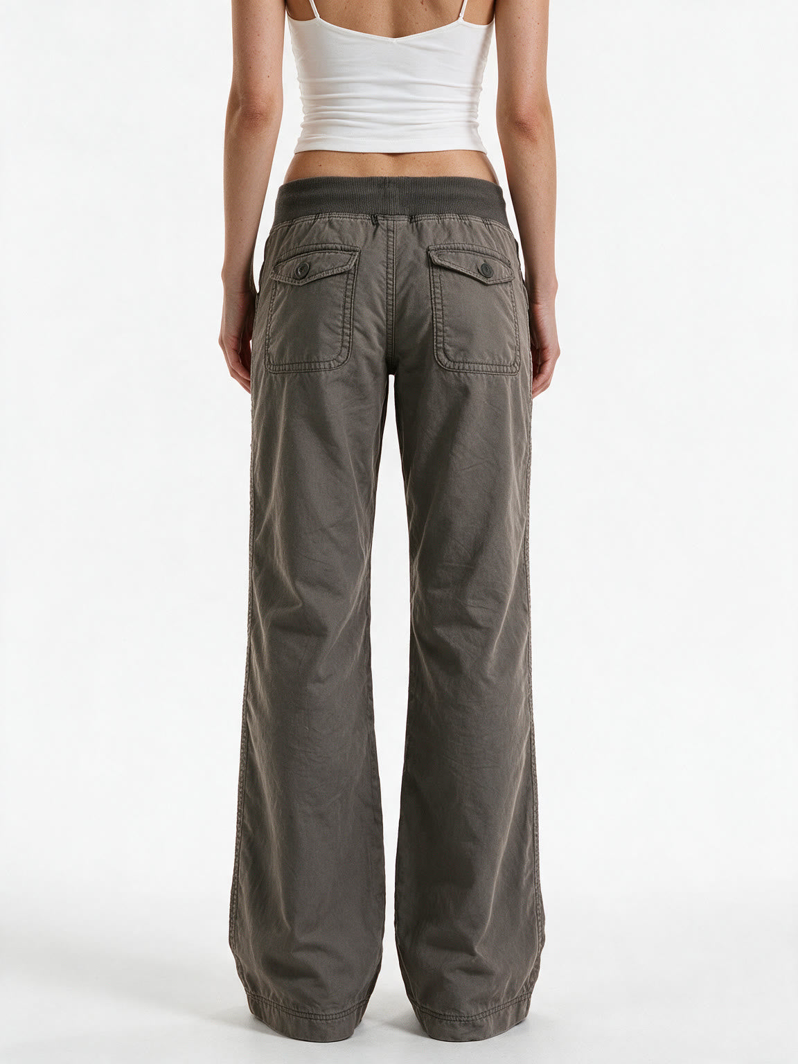Washed taupe low rise trousers with a lace up waist