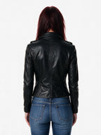 Black leather moto jacket with epaulettes and a flap pocket