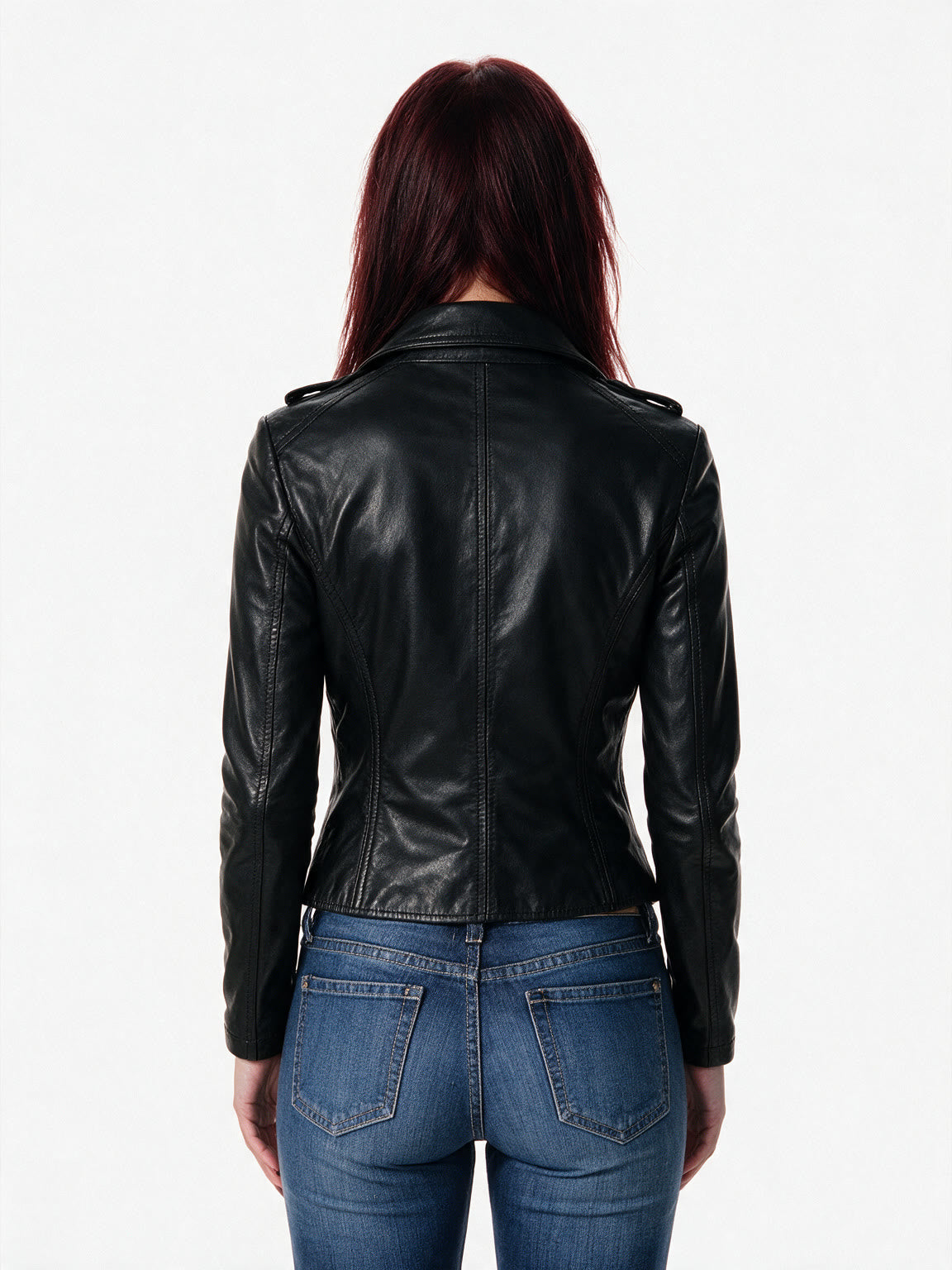 Black leather moto jacket with epaulettes and a flap pocket