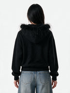 Black zip bomber jacket with a faux fur trimmed hood