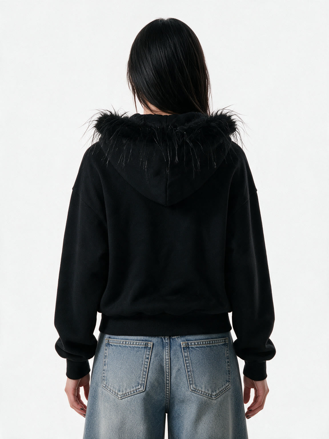 Black zip bomber jacket with a faux fur trimmed hood