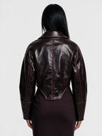 Oxblood red leather jacket with a wide lapel collar