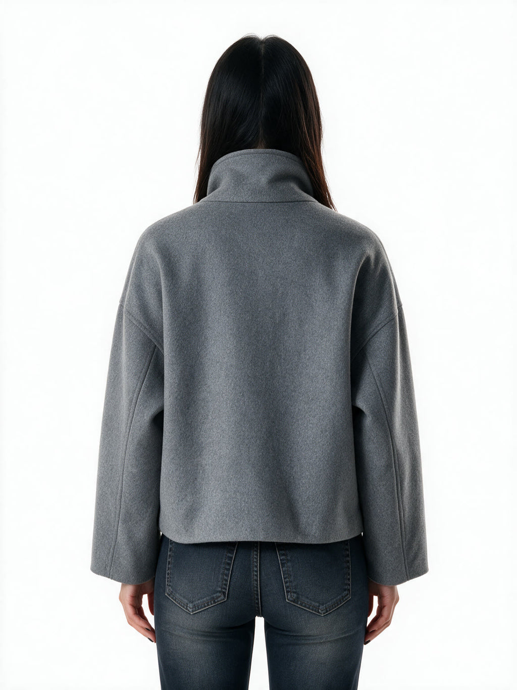 Grey cropped double breasted peacoat with a high collar