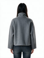 Grey cropped double breasted peacoat with a high collar