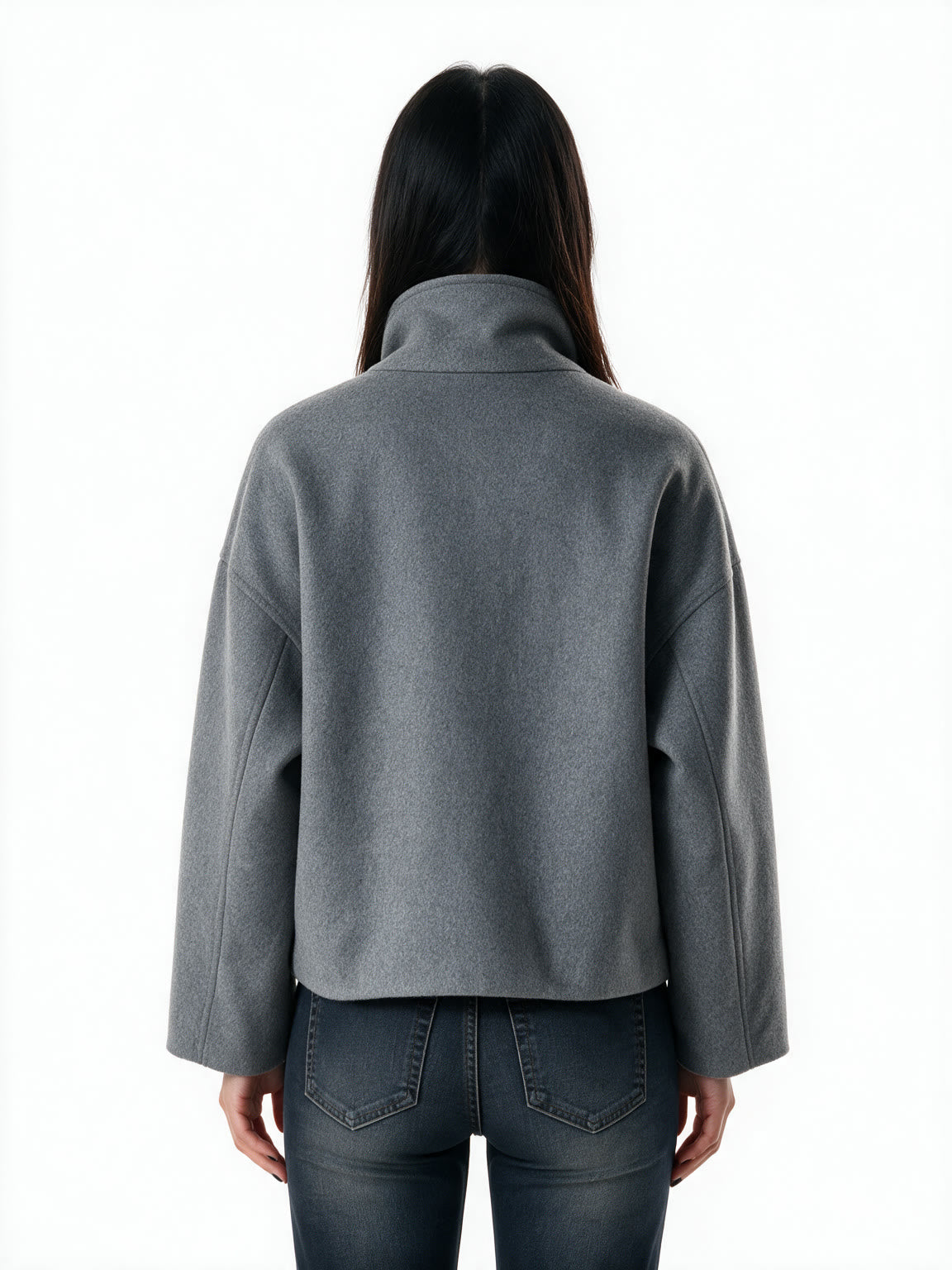 Grey cropped double breasted peacoat with a high collar