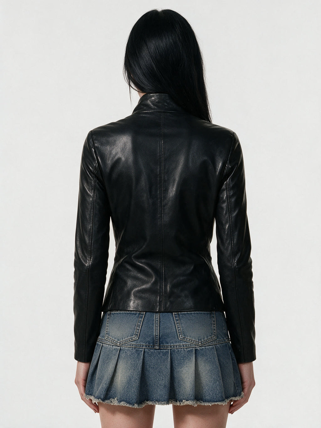 Black leather jacket with a diagonal asymmetric zip
