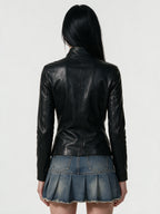 Black leather jacket with a diagonal asymmetric zip