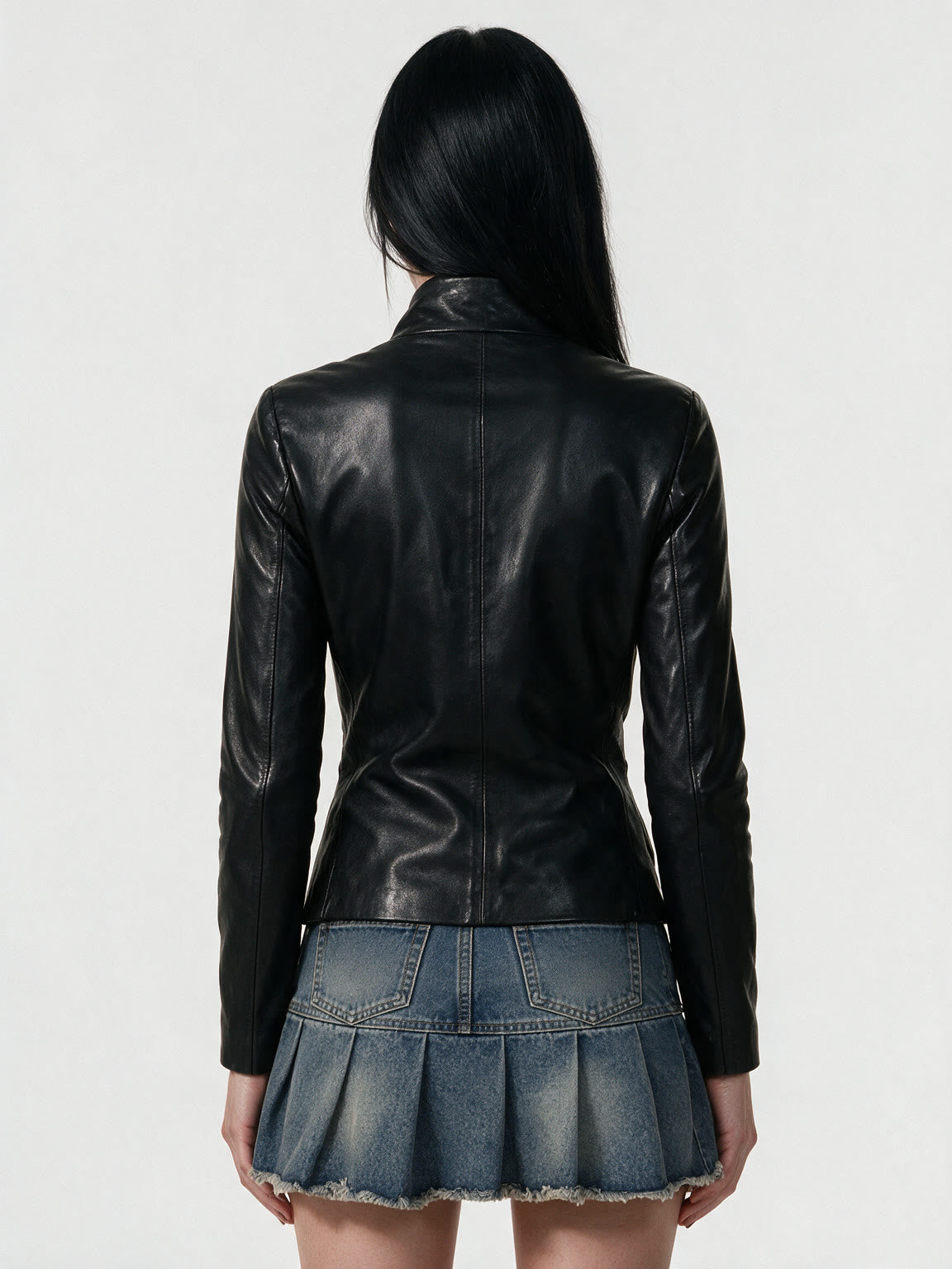 Black leather jacket with a diagonal asymmetric zip