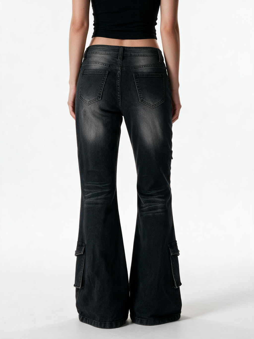 Washed black cargo flare jeans