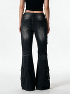 Washed black cargo flare jeans