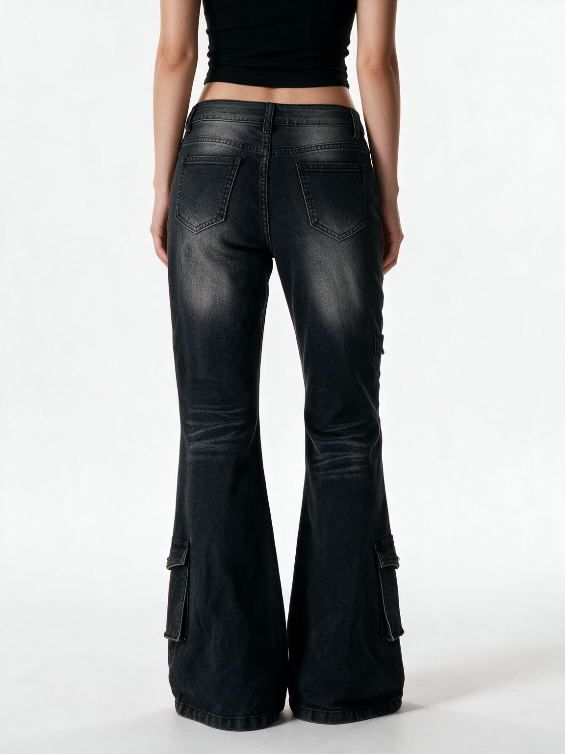 Washed black cargo flare jeans