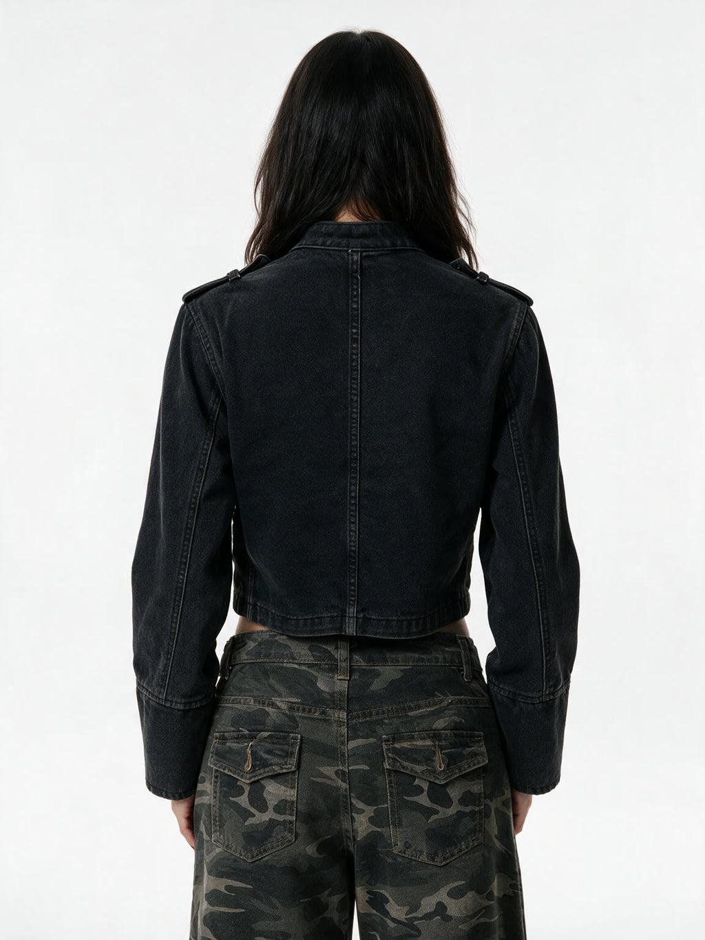 Washed black denim moto jacket with a stand collar