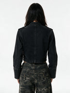 Washed black denim moto jacket with a stand collar