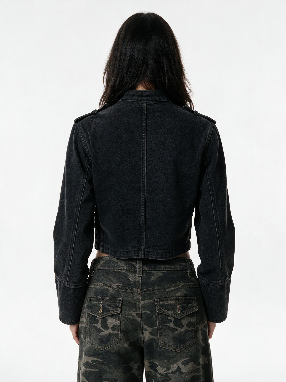 Washed black denim moto jacket with a stand collar