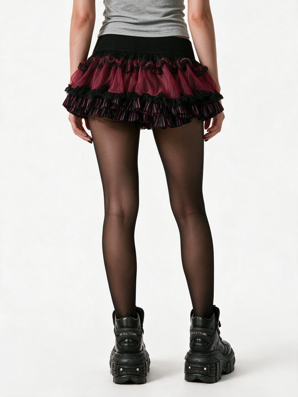 Black and red layered tiered mini skirt with lace