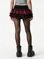 Black and red layered tiered mini skirt with lace