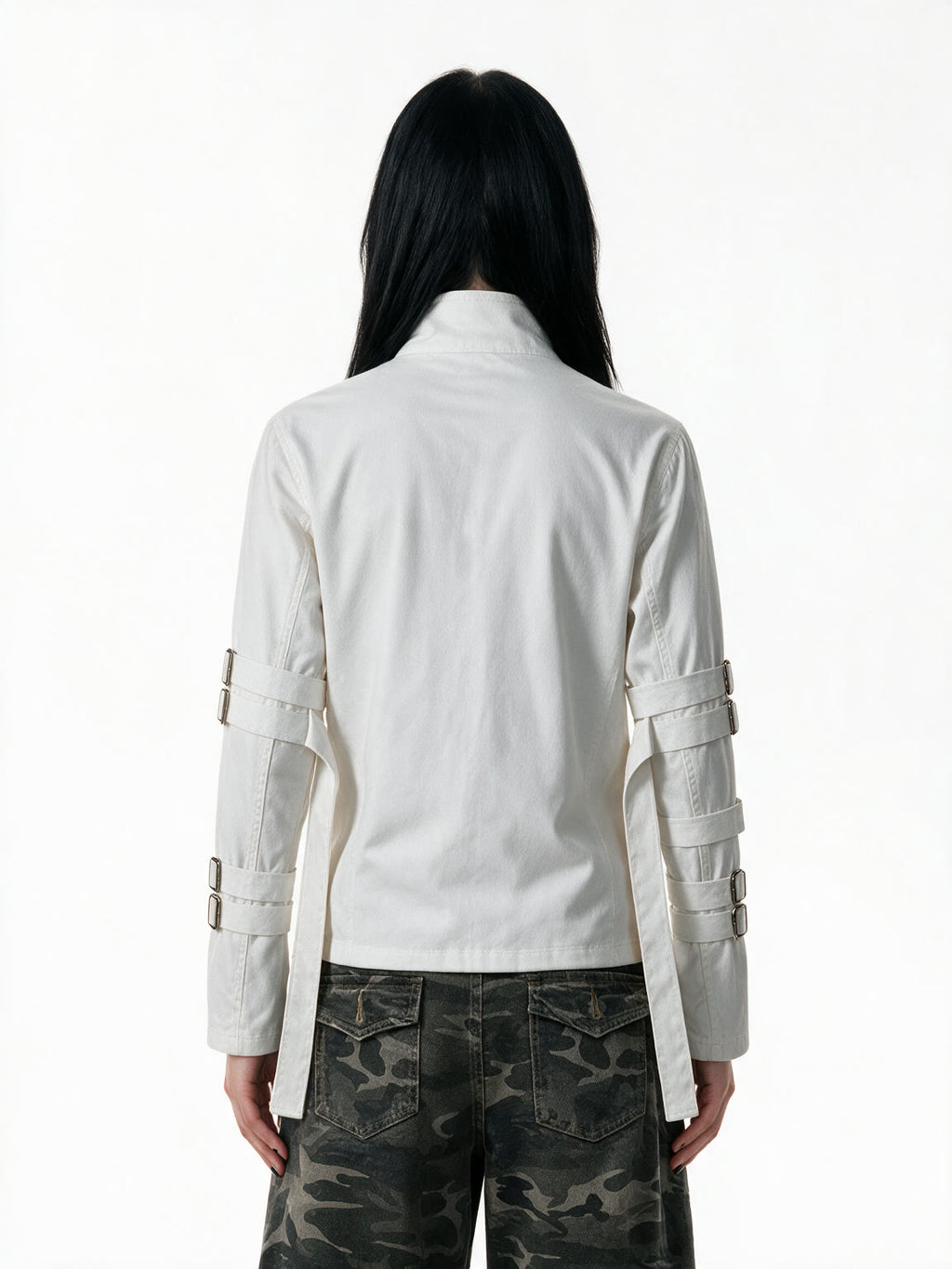 White stand collar jacket with buckle straps