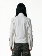 White stand collar jacket with buckle straps