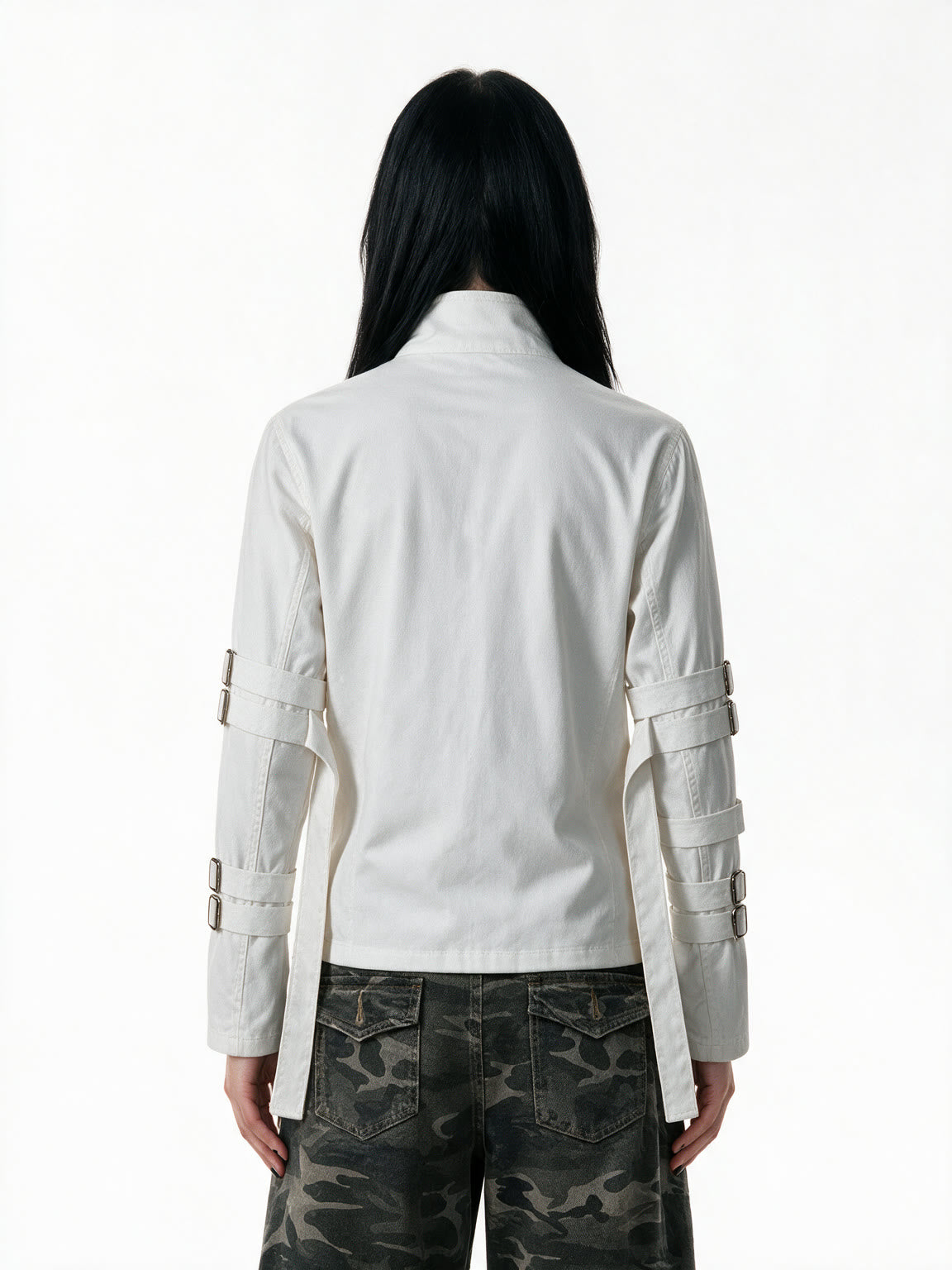White stand collar jacket with buckle straps