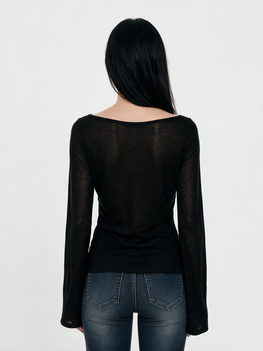 Black off shoulder top with lace panel and flared sleeves