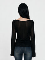 Black off shoulder top with lace panel and flared sleeves