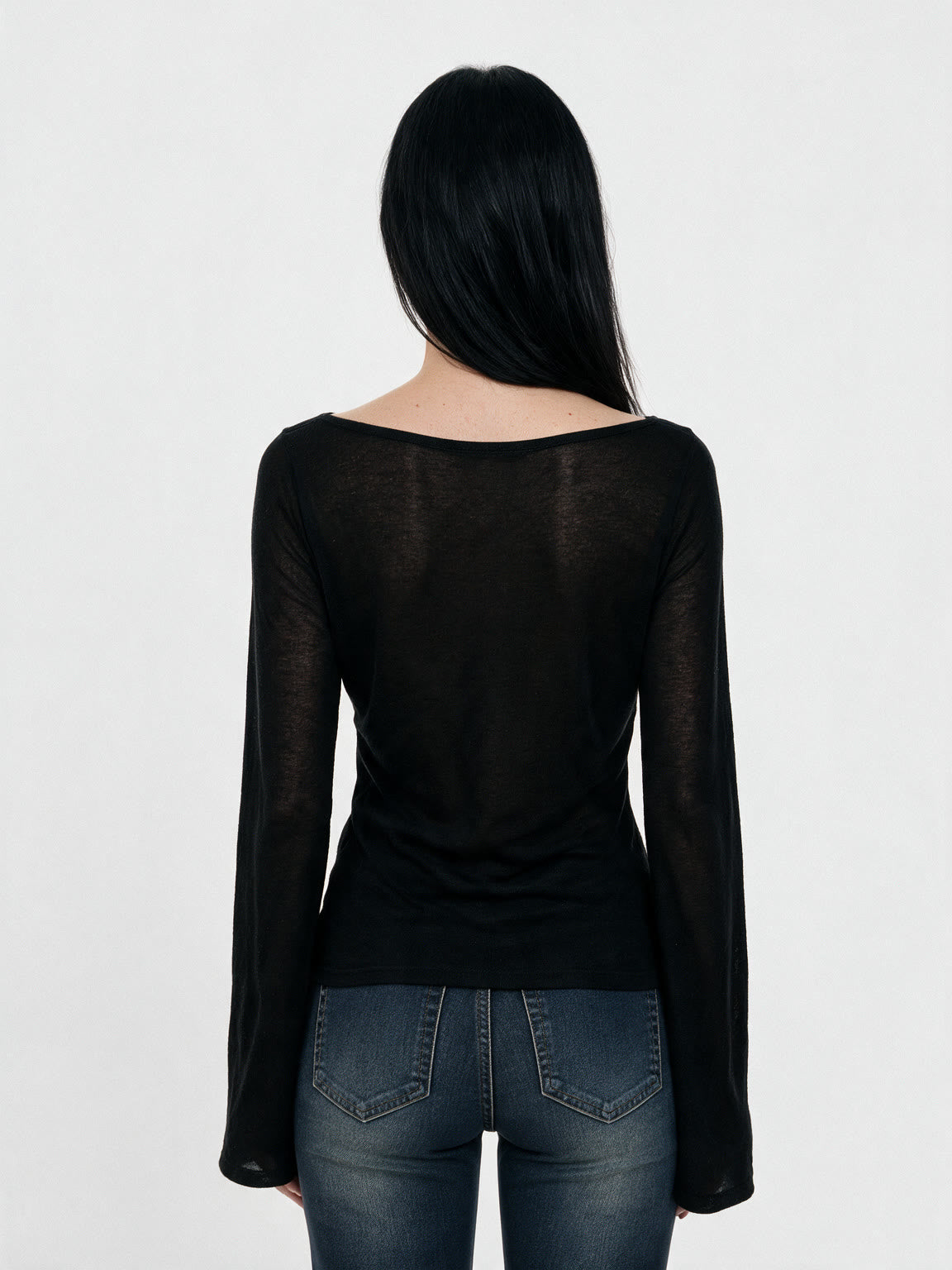 Black off shoulder top with lace panel and flared sleeves