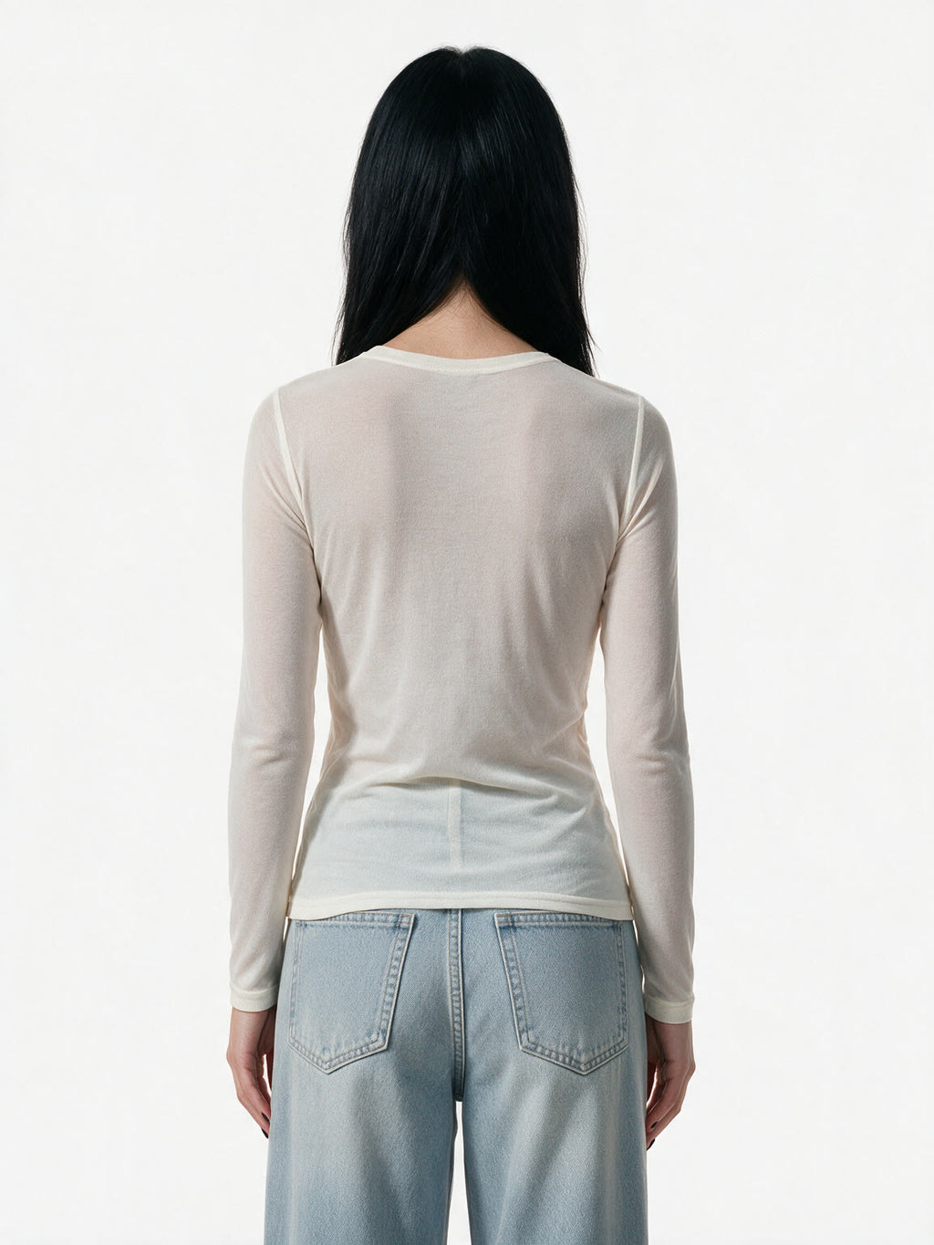 Cream long sleeve tee printed with a magazine style photo spread